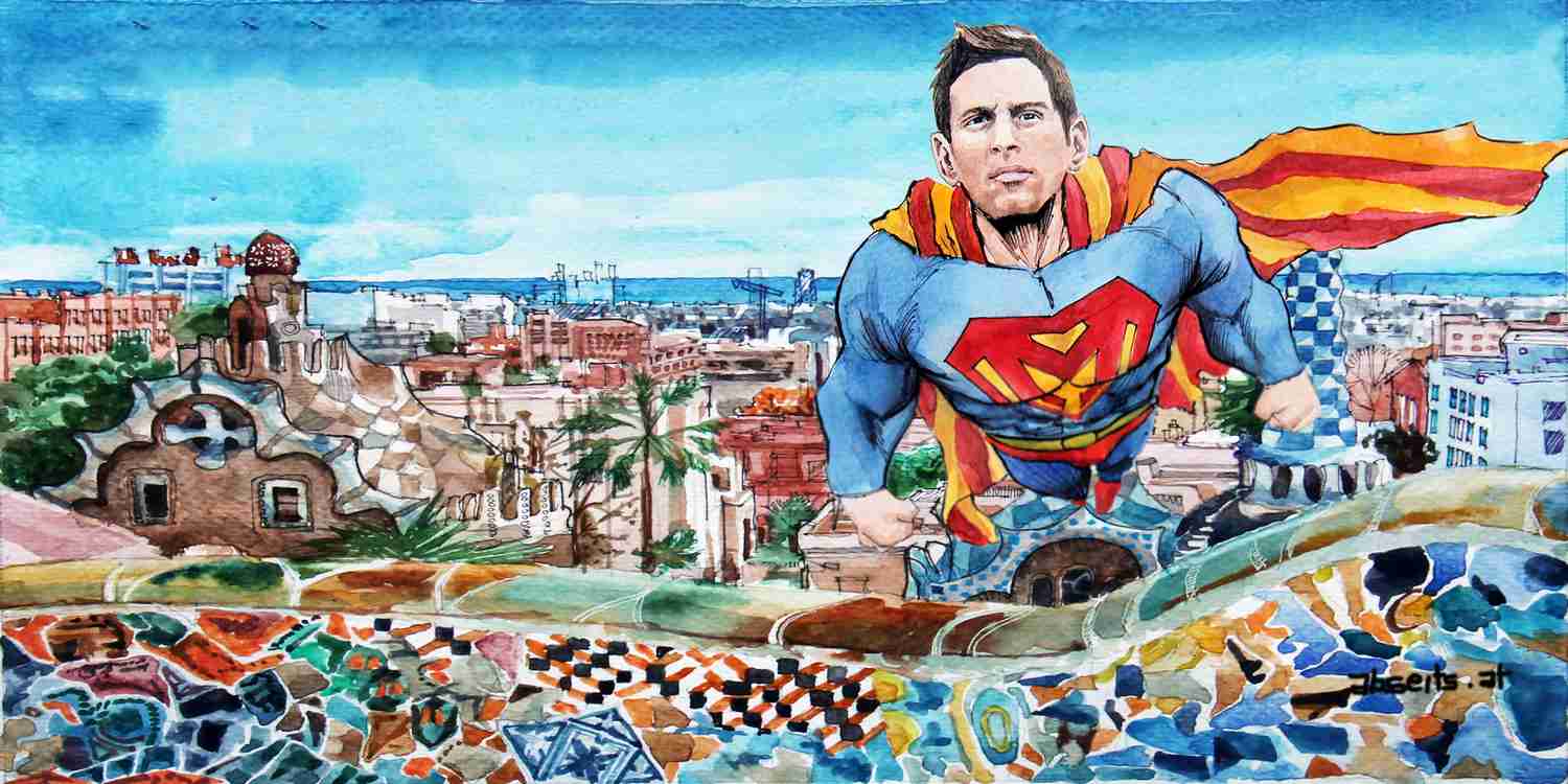_Lionel Messi als Superman über Barcelona